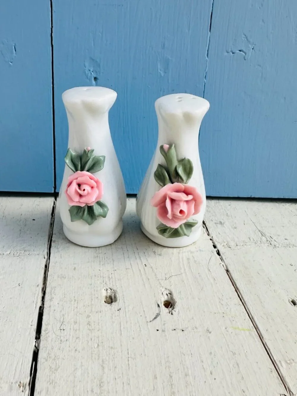 Vintage Salt and Pepper Shakers White with Pink Roses Cottagecore Dining Floral